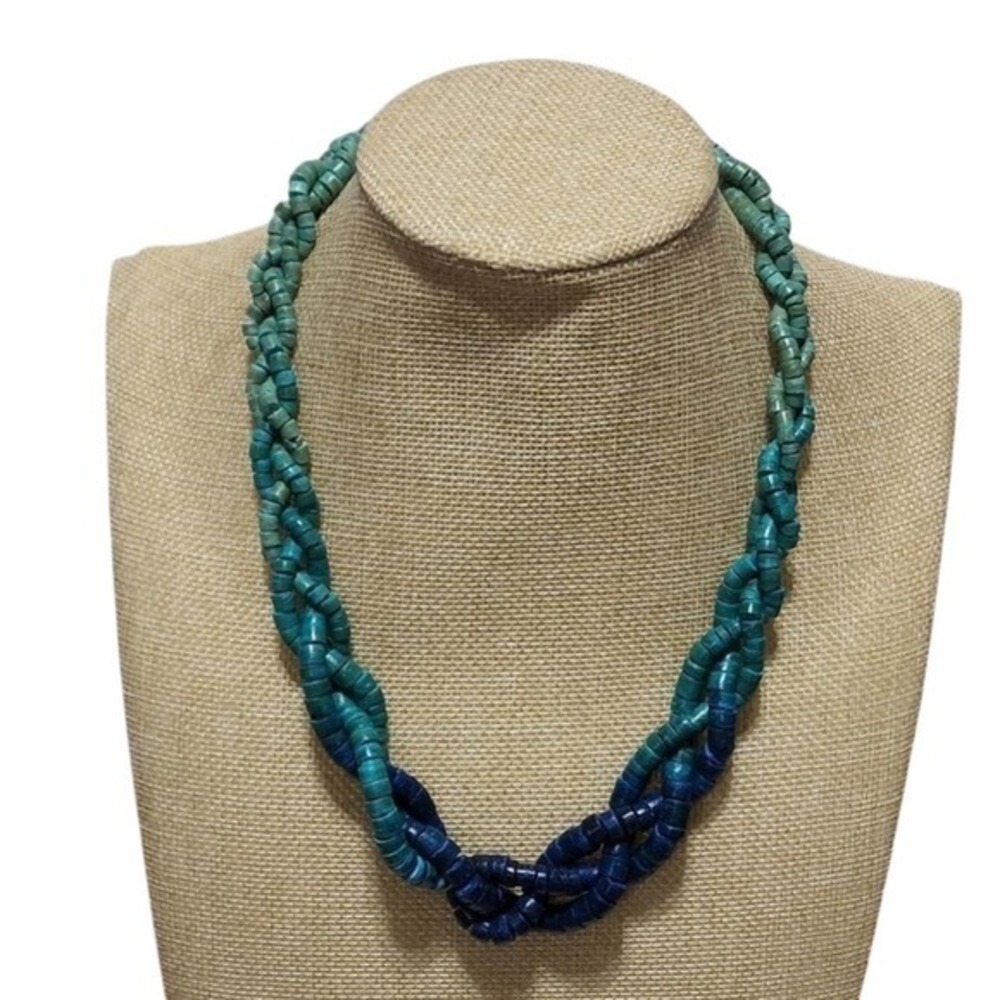 Treska Blue Ombre Braided Wood Bead Multi Strand Necklace Boho Coastal Teal